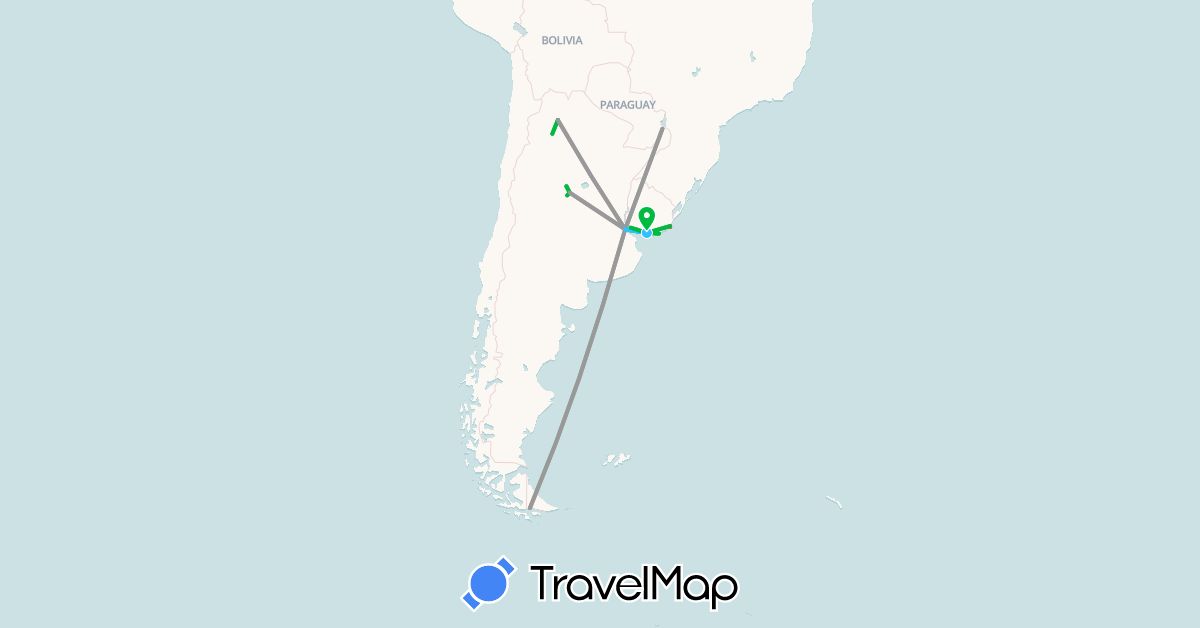 TravelMap itinerary: driving, bus, plane, hiking, boat in Argentina, Brazil, Uruguay (South America)