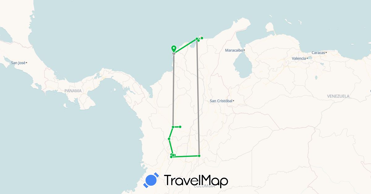 TravelMap itinerary: driving, bus, plane, hiking in Colombia (South America)
